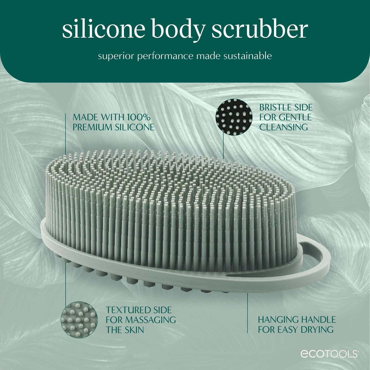 EcoTools scrubber handle and hang loop enables quick drying benefit