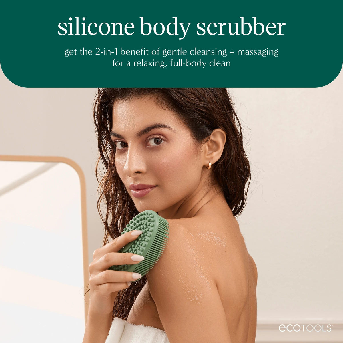 EcoTools scrubber in shower use illustrates easy lathering and convenience