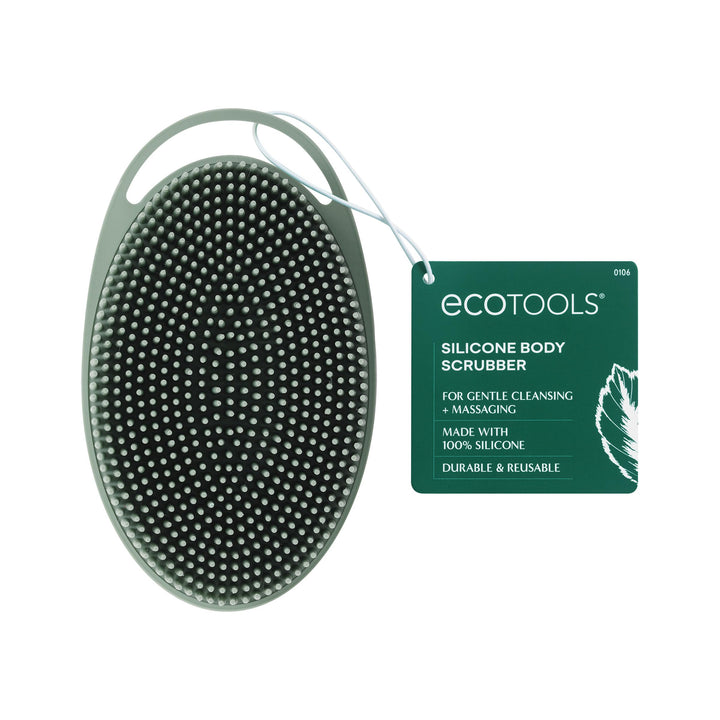 EcoTools silicone body scrubber front view shows dual-sided design and durability