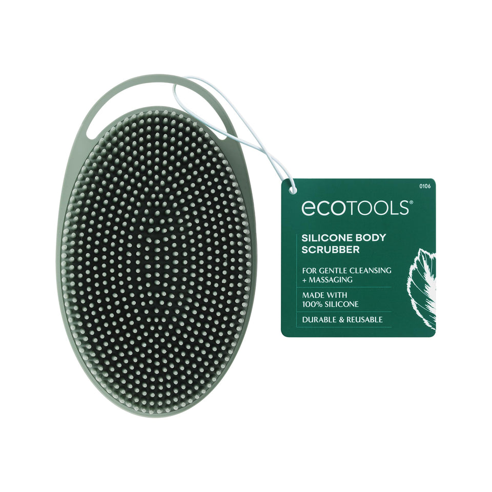 EcoTools silicone body scrubber front view shows dual-sided design and durability
