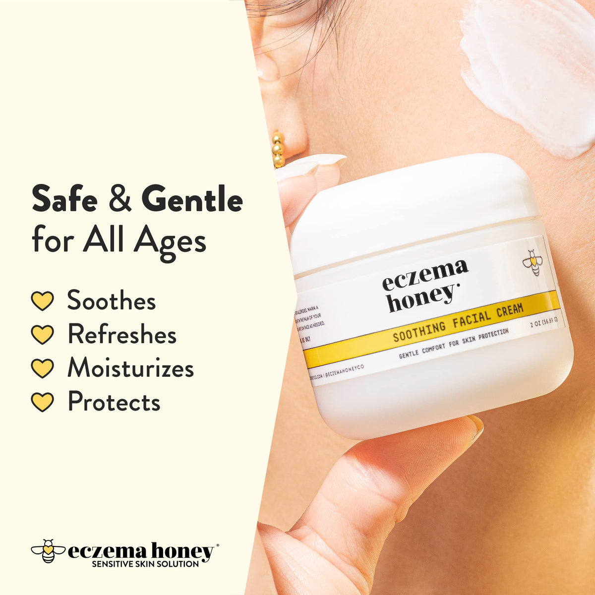 ECZEMA HONEY applying cream to hand demonstrating soothing moisture benefit