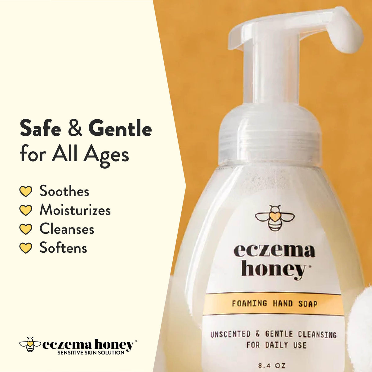 ECZEMA HONEY foam texture on hand showing gentle lather and hydration