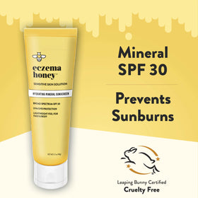 Eczema Honey label close-up highlighting calming ingredients and SPF details