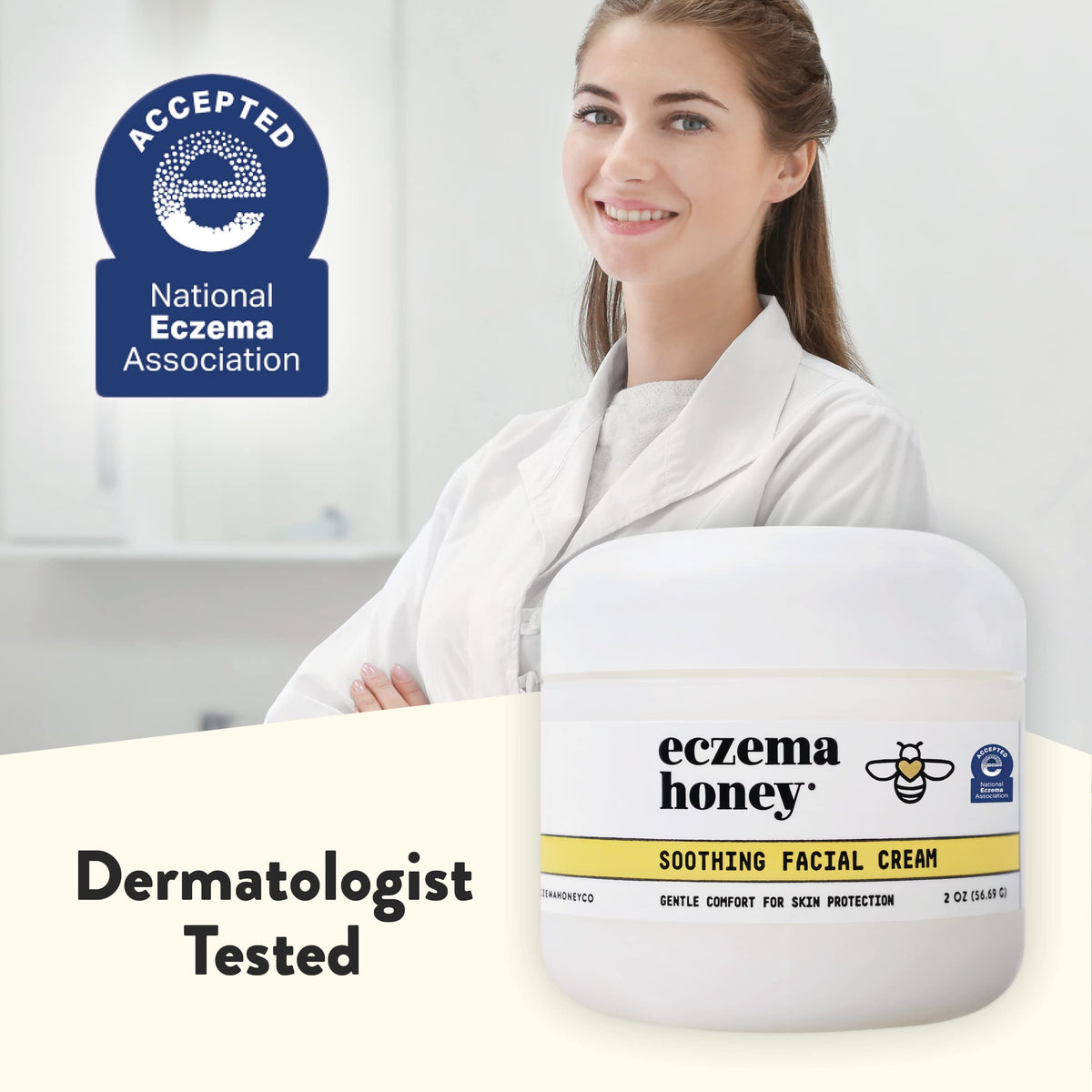 ECZEMA HONEY jar on bathroom counter in lifestyle scene promoting daily use