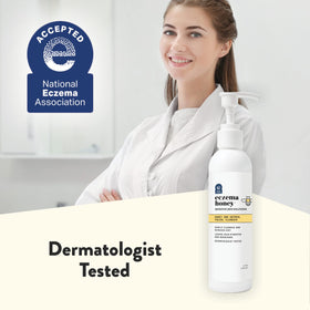 ECZEMA HONEY on bathroom shelf in lifestyle scene suggesting daily use