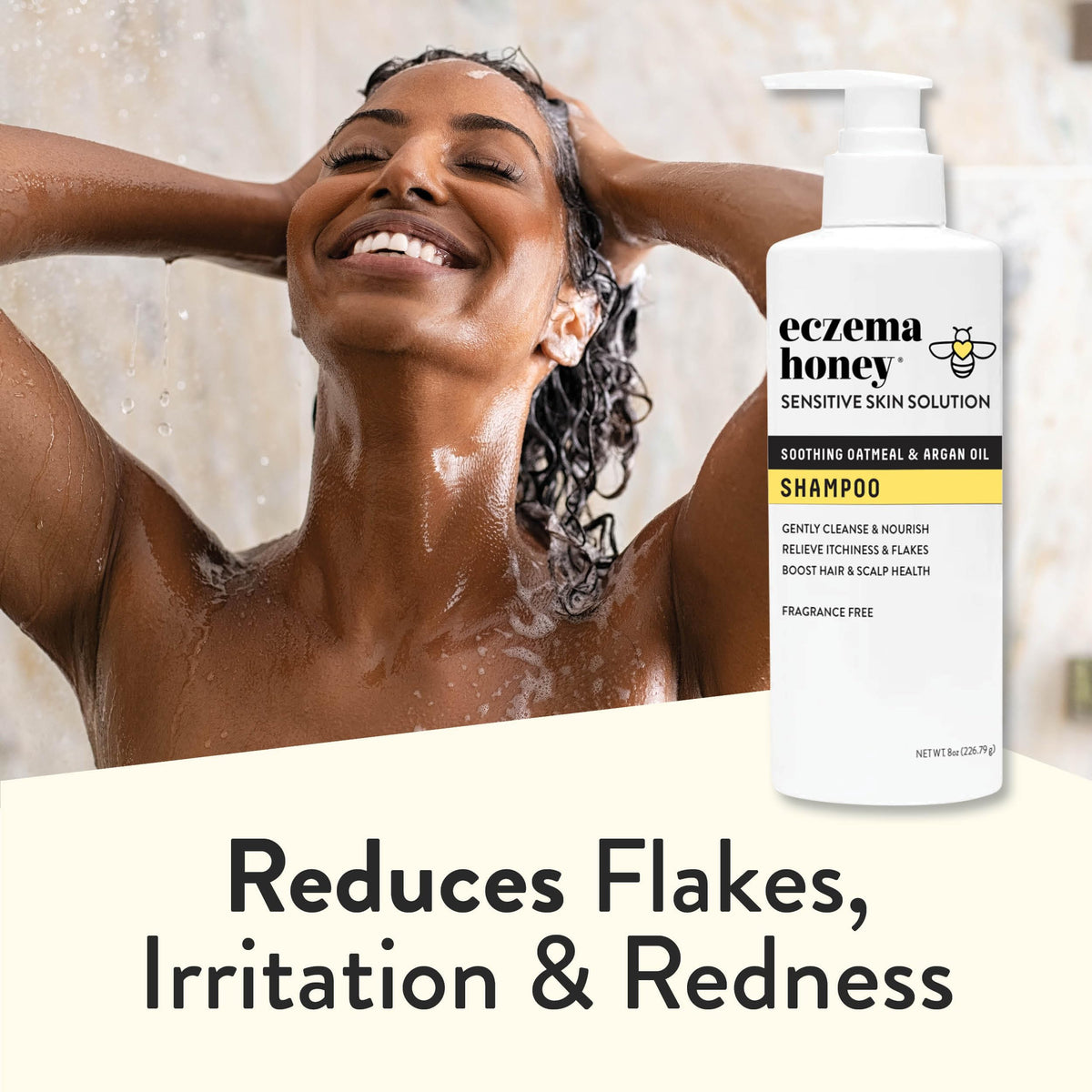 ECZEMA HONEY shampoo on shelf in bathroom setting showing family-friendly daily use