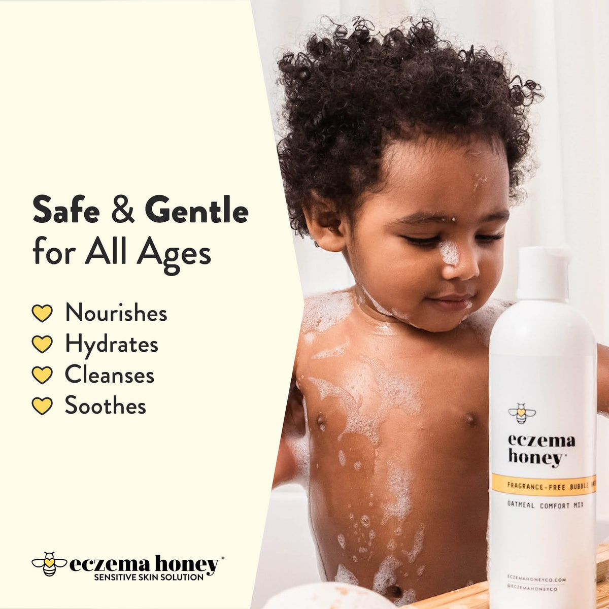 ECZEMA HONEY pouring into bathtub illustrating calming, soothing bath benefit