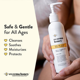 ECZEMA HONEY label detail highlighting ingredients and eczema-friendly benefits