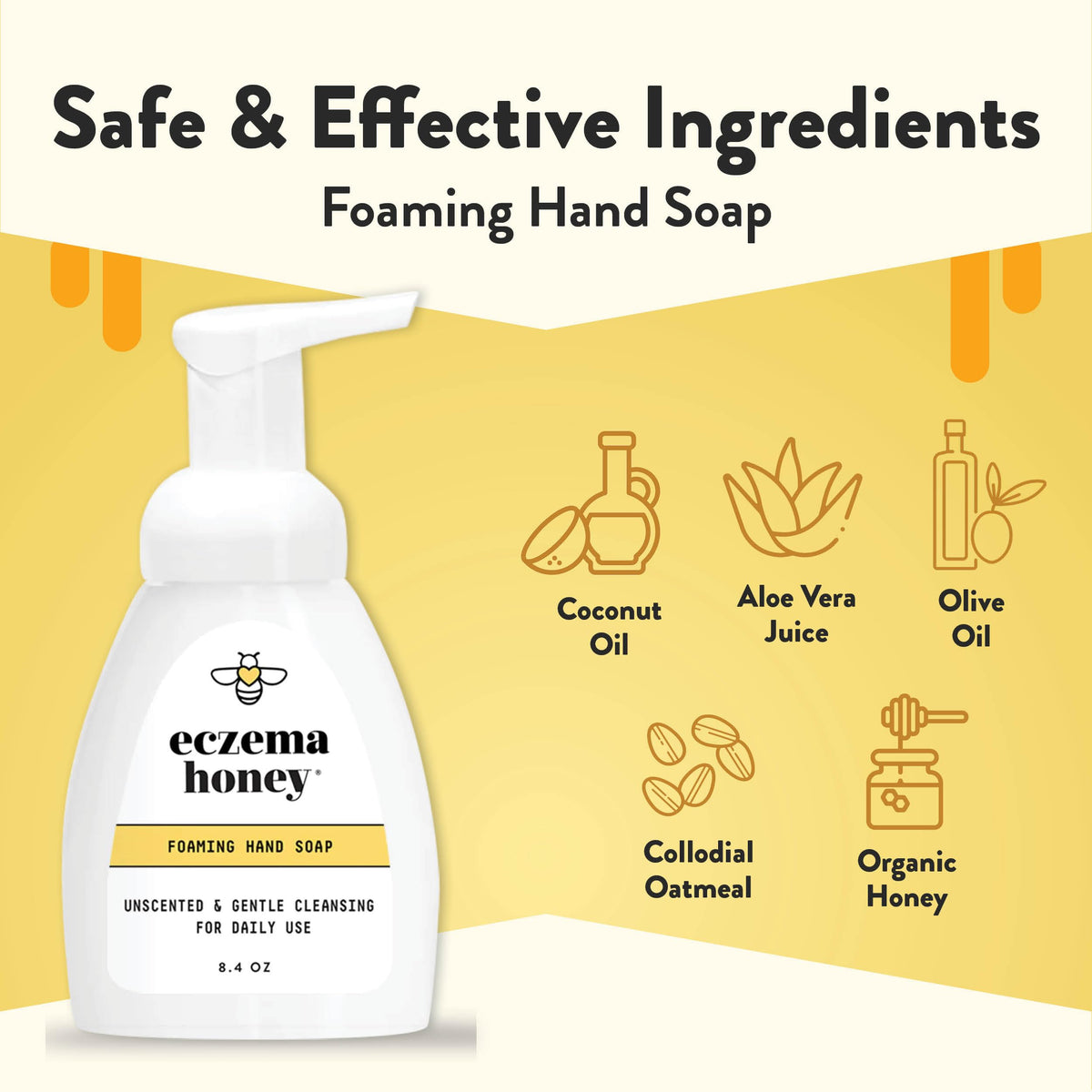 ECZEMA HONEY pump dispenser closeup demonstrating easy single‑pump foam