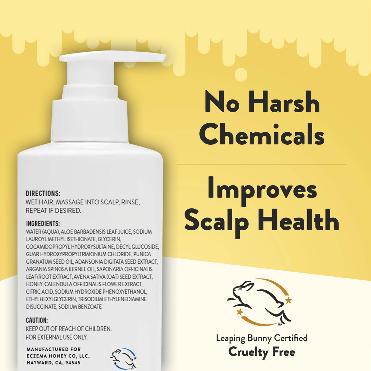 ECZEMA HONEY bottle next to a measuring cup showing 8 oz size for accurate scale