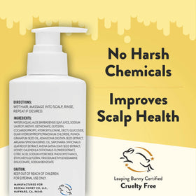 ECZEMA HONEY bottle next to a measuring cup showing 8 oz size for accurate scale