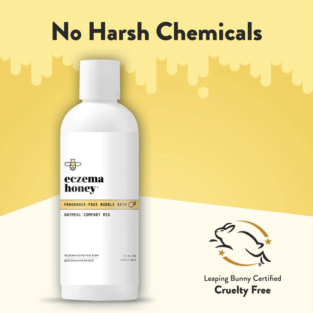 ECZEMA HONEY bottle next to hand for scale showing travel-friendly 12 oz benefit