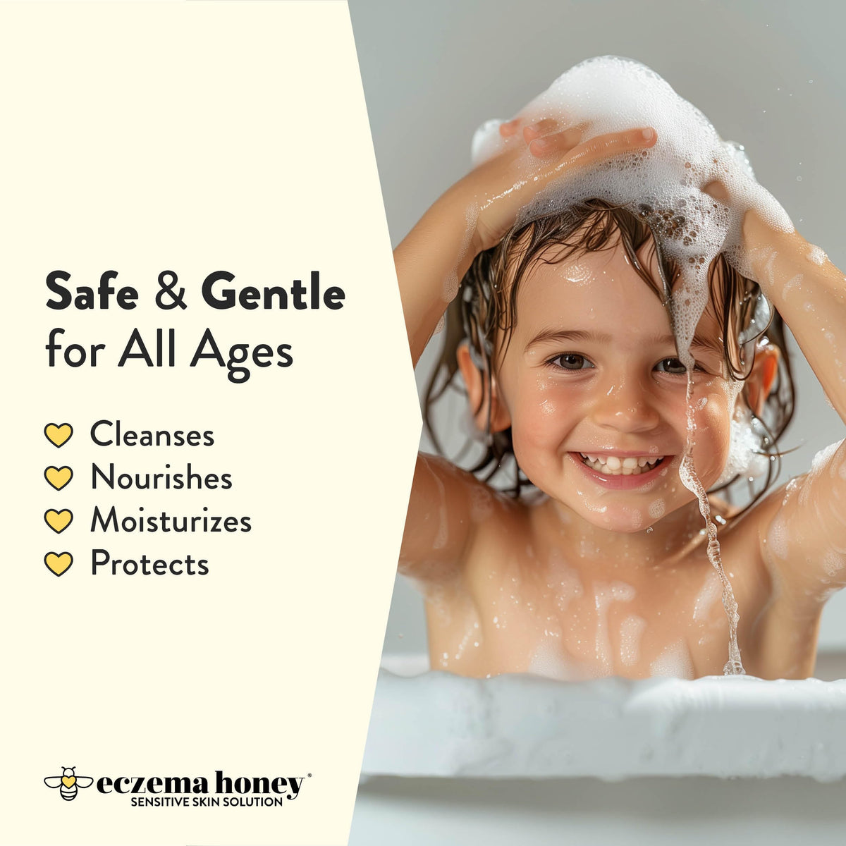 ECZEMA HONEY creamy lather texture on hand highlighting gentle foam and moisturizing feel