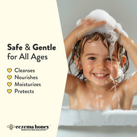 ECZEMA HONEY creamy lather texture on hand highlighting gentle foam and moisturizing feel