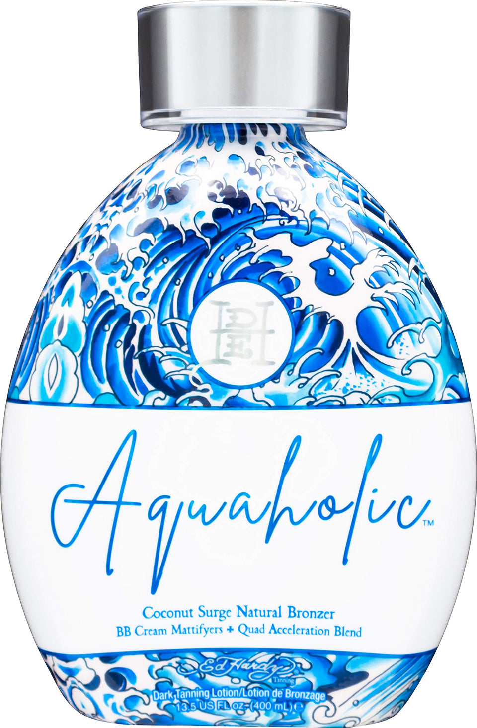 Ed Hardy Aquaholic front bottle showing label and size, highlighting brand hydration benefits
