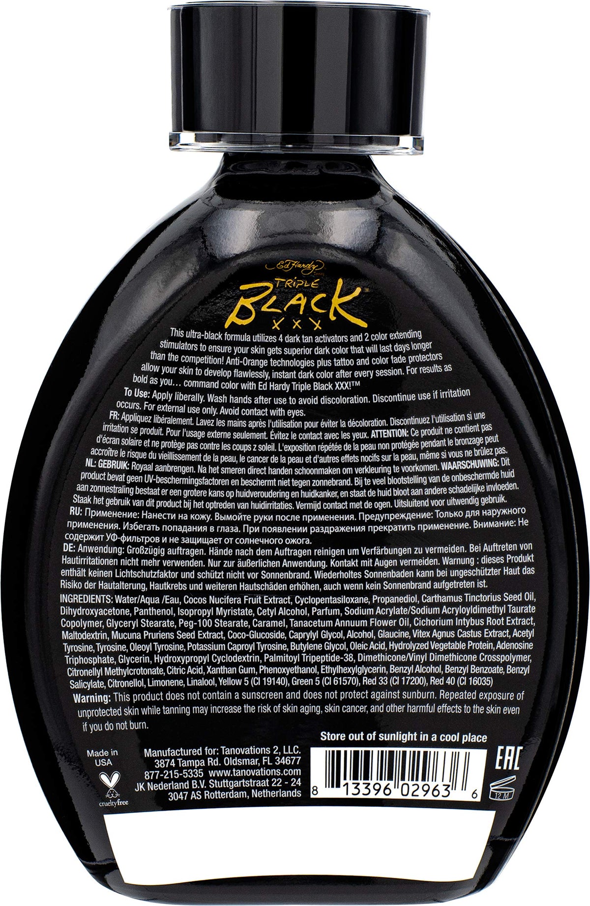 Ed Hardy BLACK XXX label close-up revealing bronzer and ingredient callouts to inform buyers