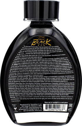 Ed Hardy BLACK XXX label close-up revealing bronzer and ingredient callouts to inform buyers