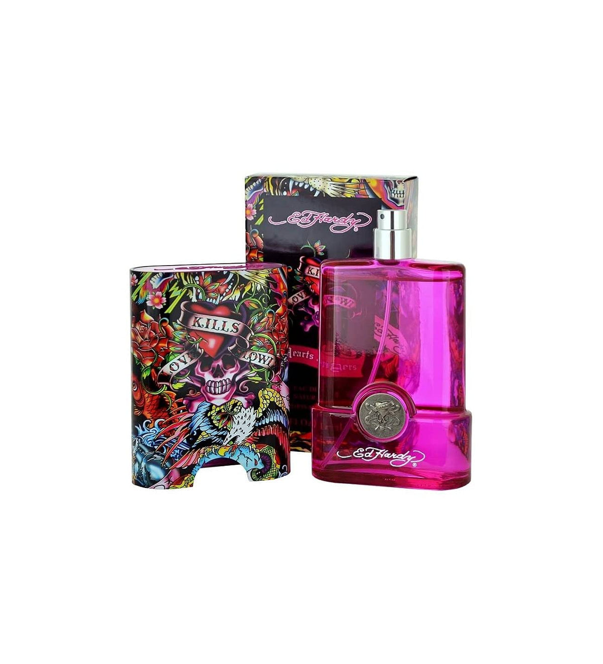 ED HARDY hearts & daggers bottle close-up highlighting bottle detail and spray precision benefit