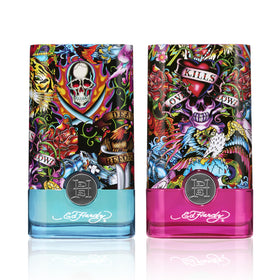 ED HARDY 3.4 fl oz bottle next to ruler for scale, clarifies size and portability