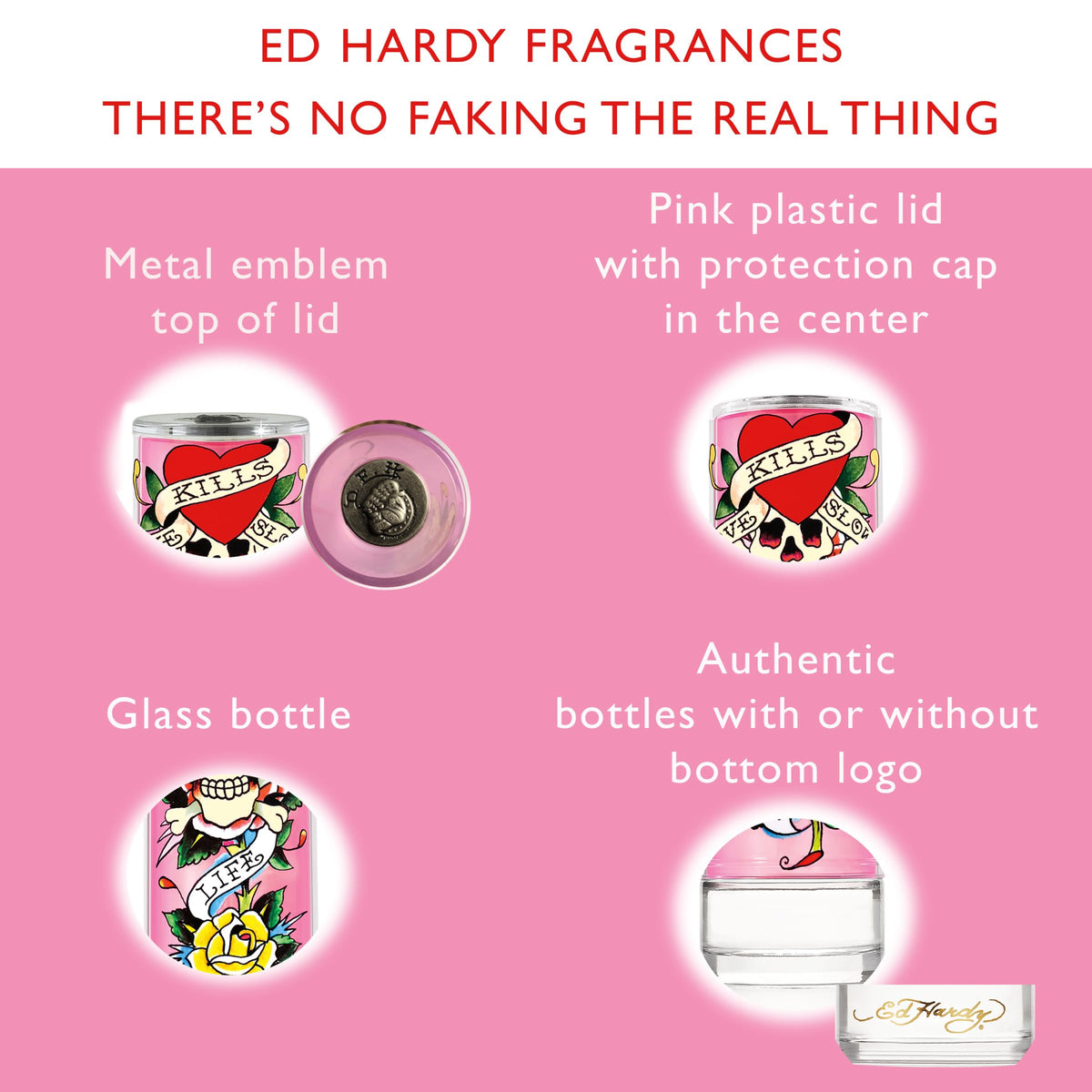 Ed Hardy size comparison beside common items to show 3.4 fl oz scale