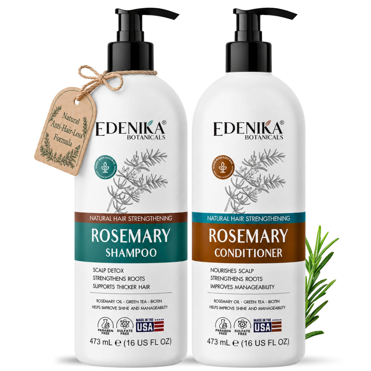 Edenika Botanicals front packaging showing shampoo and conditioner benefits