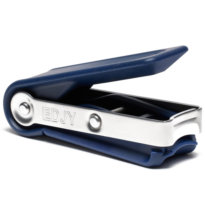 EDJY fingernail cutter front view showcasing navy handle and precise cut benefit