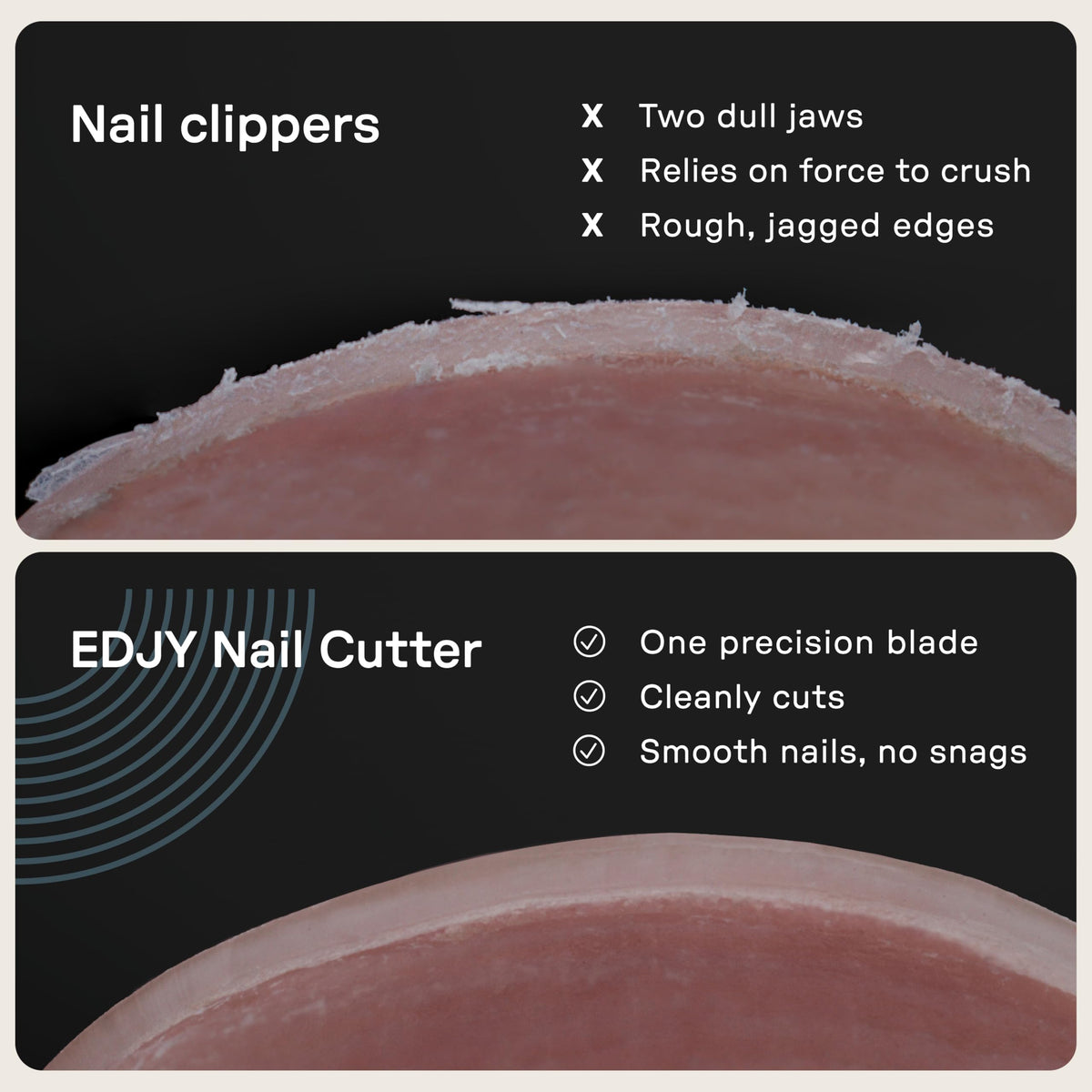 EDJY close-up of hardened stainless cutting edge for long-lasting sharpness