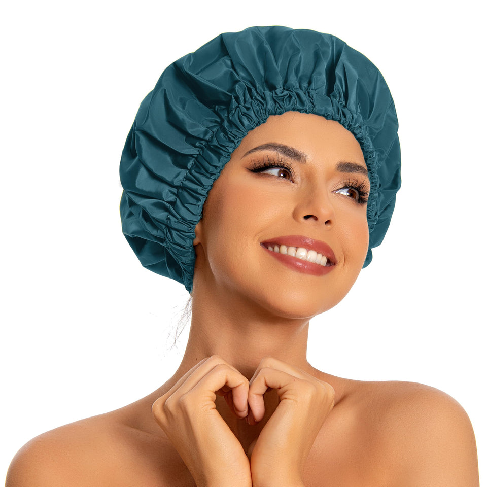 Edoneery shower cap front view showing waterproof protection and roomy fit