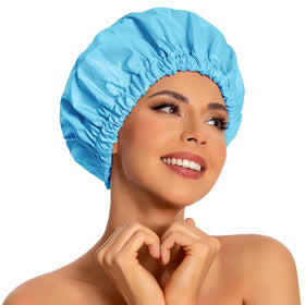 Edoneery front view of lake blue shower cap showing full coverage benefit