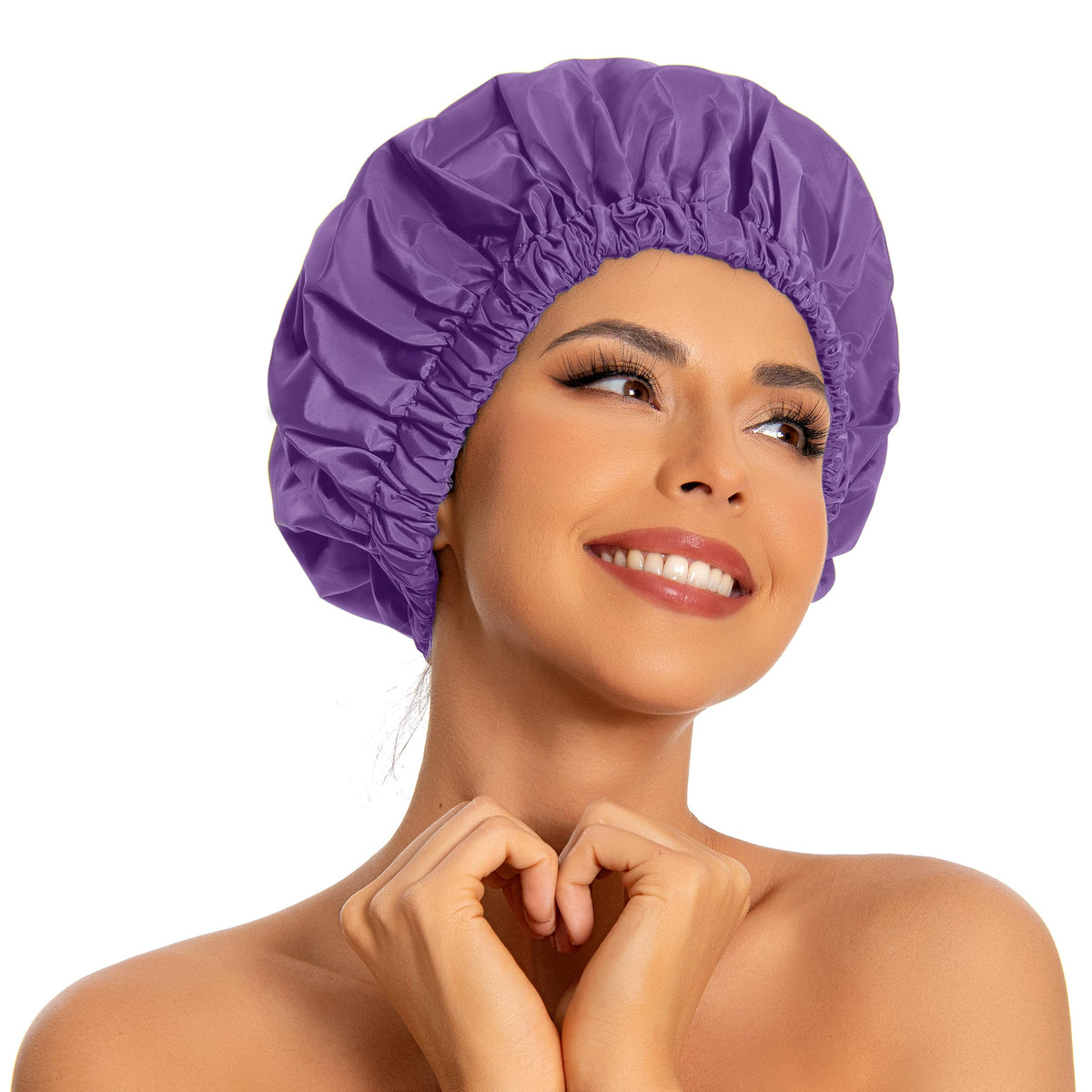 Edoneery lavender shower cap front view showing waterproof protection