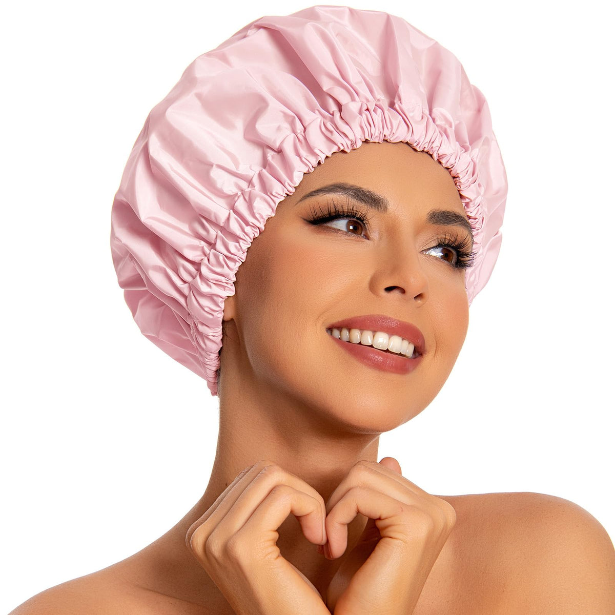 Edoneery pink shower cap front view showing waterproof protection and stylish look