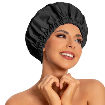 Edoneery front view black shower cap showing full coverage and chic design