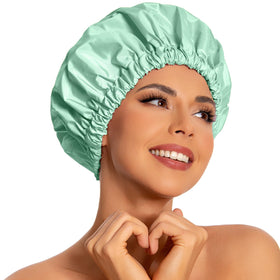 Edoneery front view green bean shower cap showing full coverage and style benefit