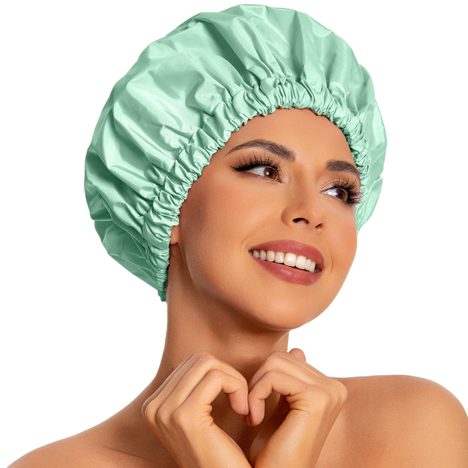 Edoneery front view green bean shower cap showing full coverage and style benefit