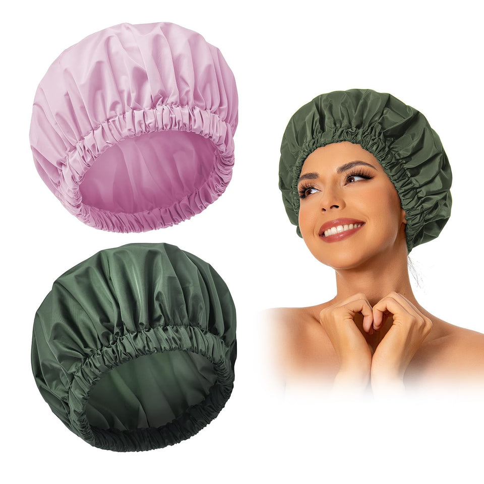 Edoneery front view of green and purple shower cap showing full coverage and color