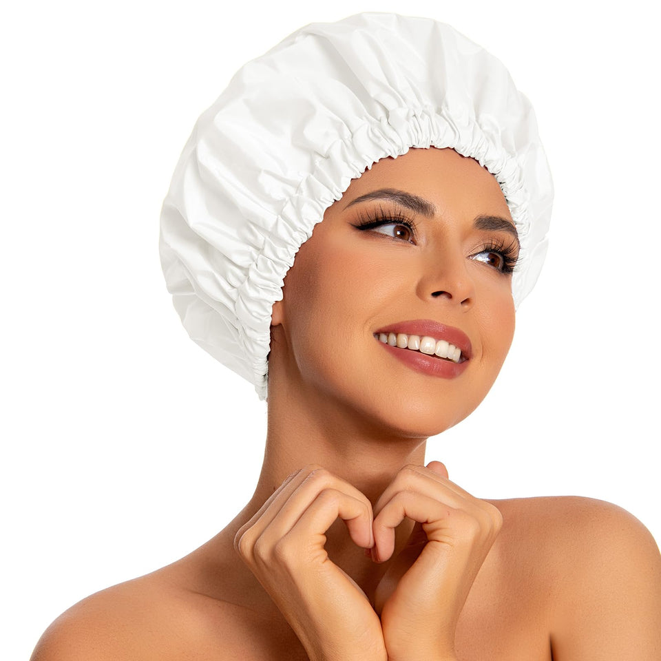 Edoneery front view showing full white shower cap and coverage benefit