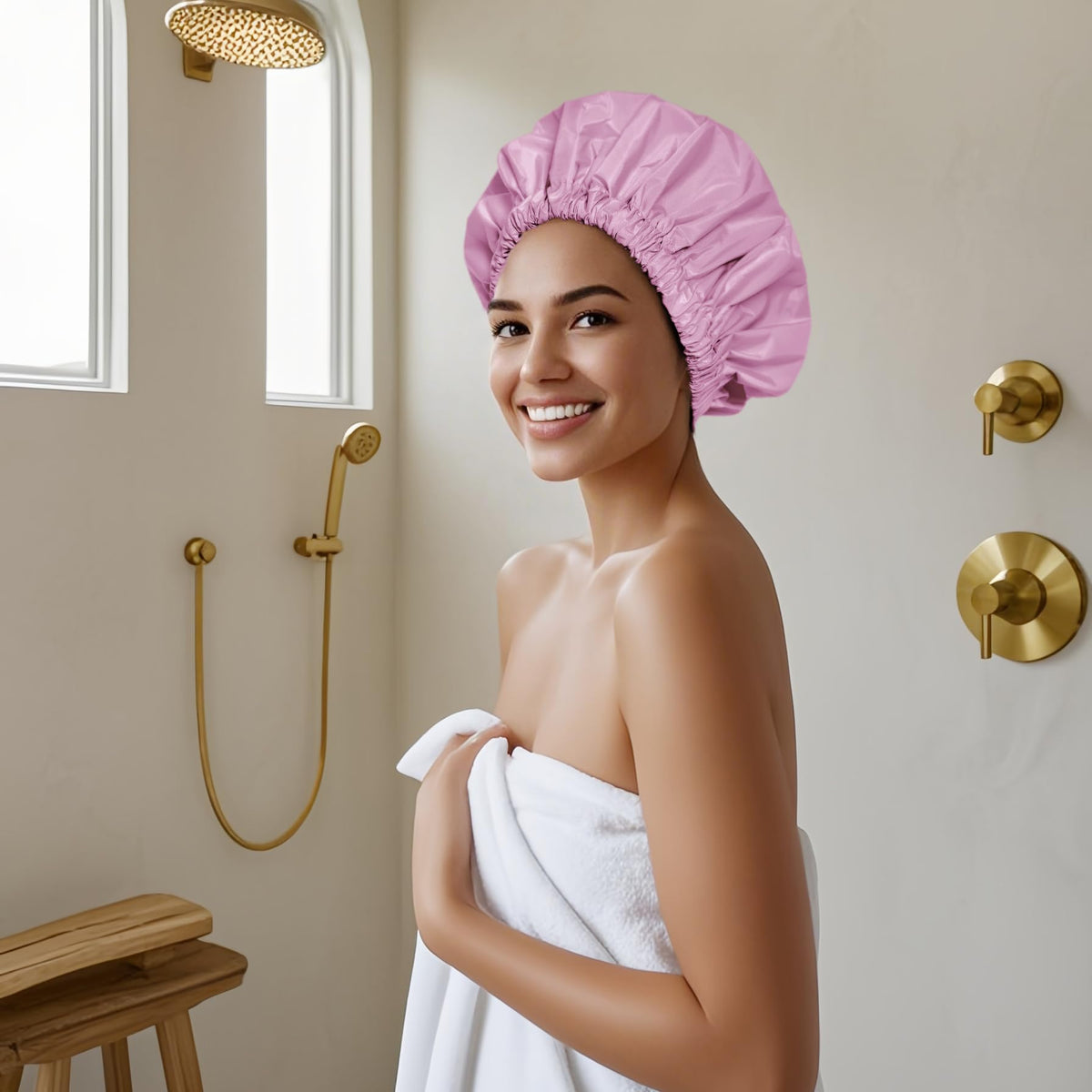 Edoneery shower cap in use on curly hair protecting style during a shower