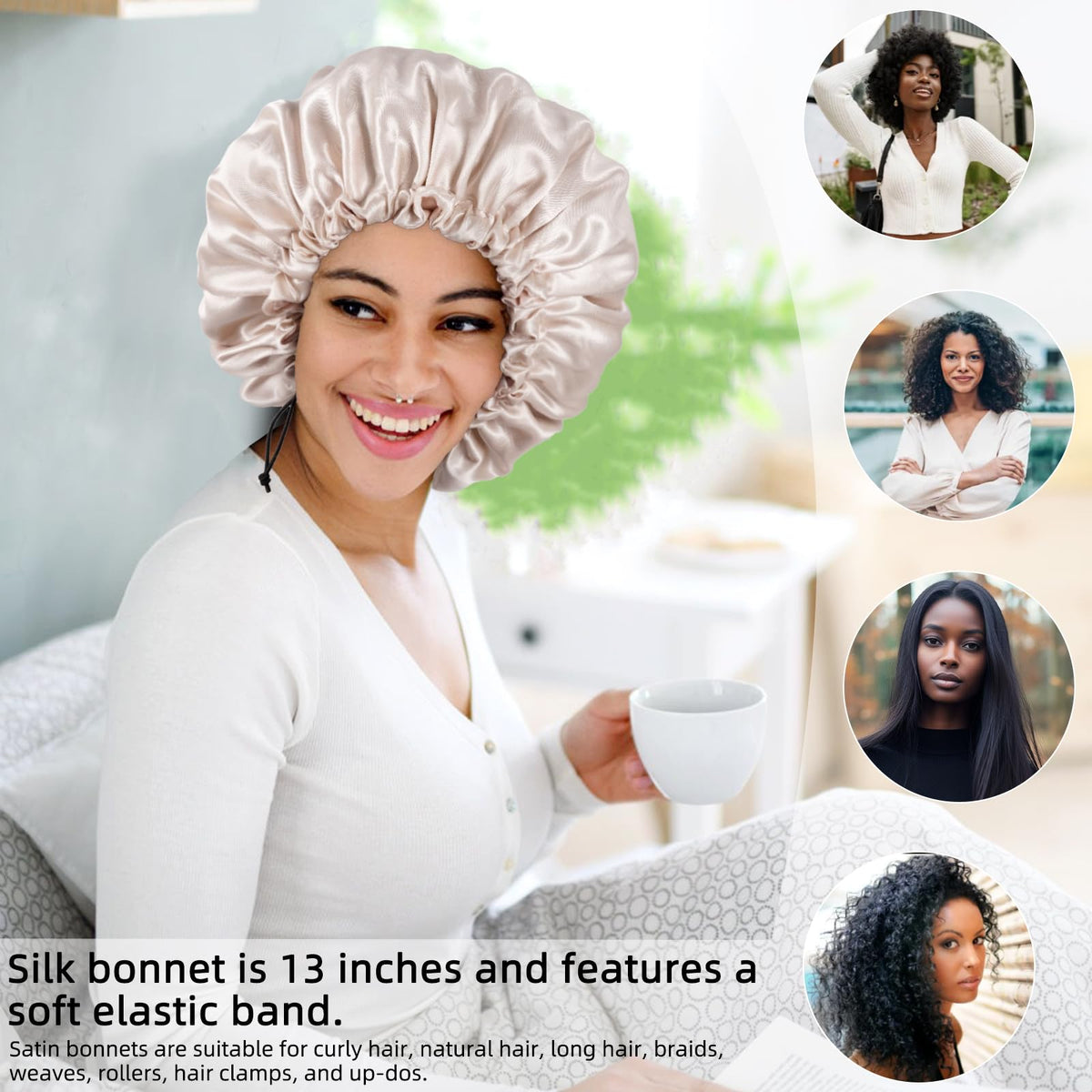 Edoneery bonnet worn on curly hair updo to reduce frizz and breakage