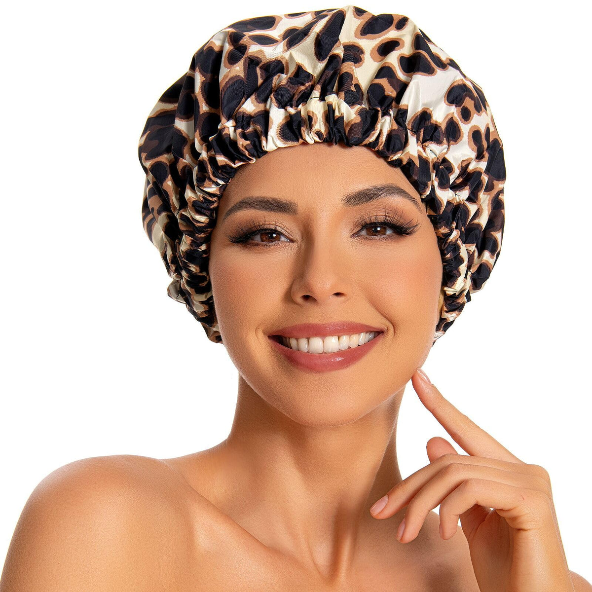 Edoneery leopard front packaging showing full cap and pattern, protects hair