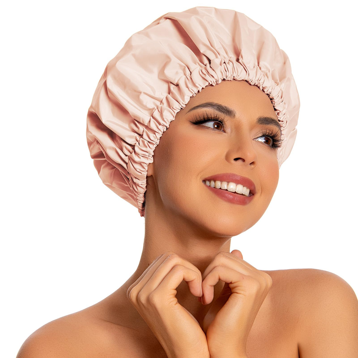 Edoneery beige shower cap front view showing full coverage and waterproof protection