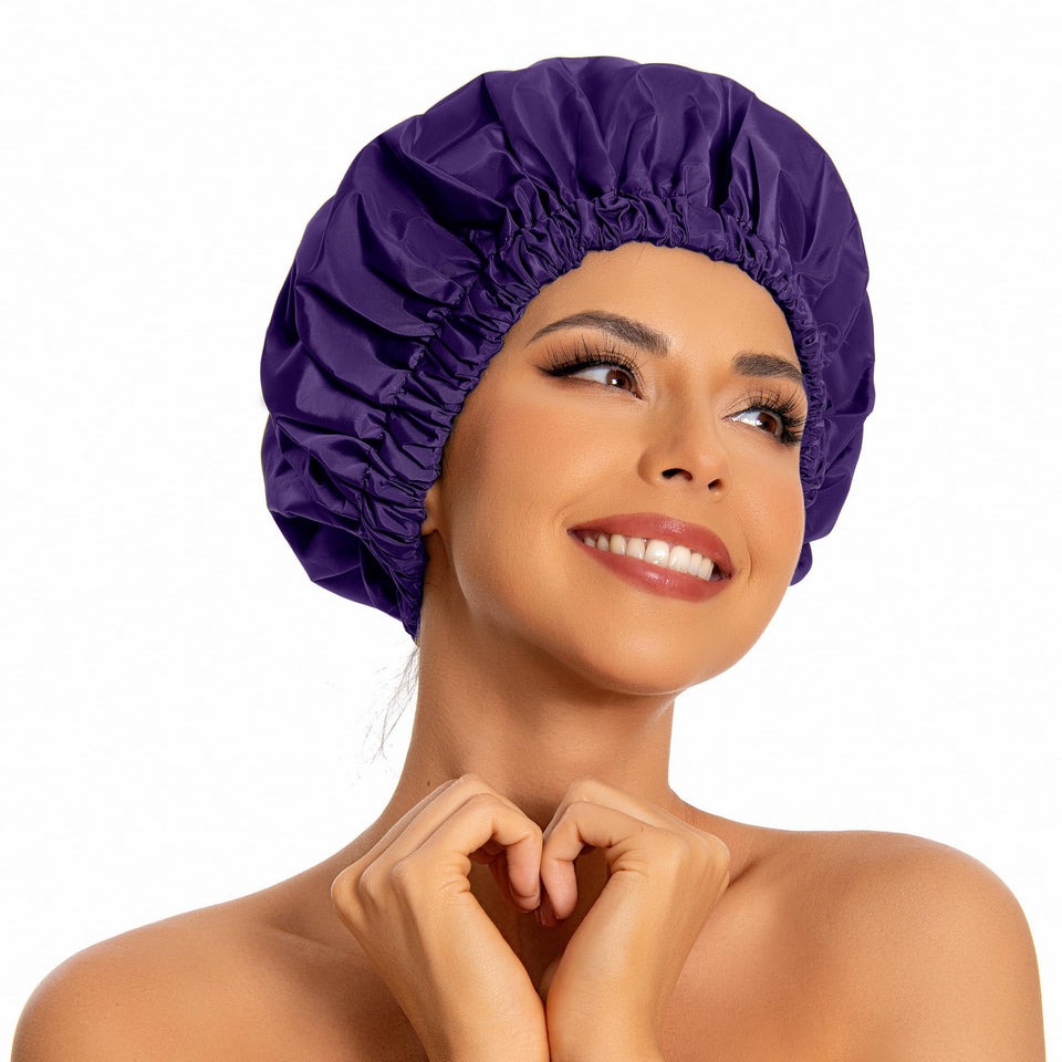 Edoneery shower cap front view showing roomy fit and dark purple color for protection