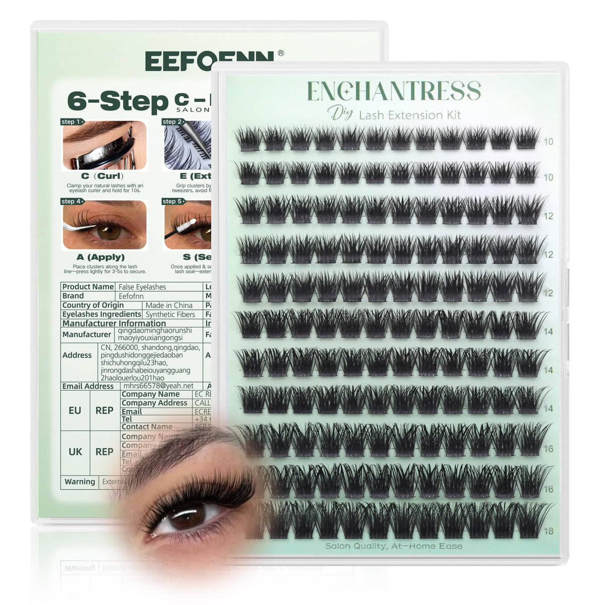 Eefofnn front packaging showing Enchantress lash clusters and neat layout for clear choice