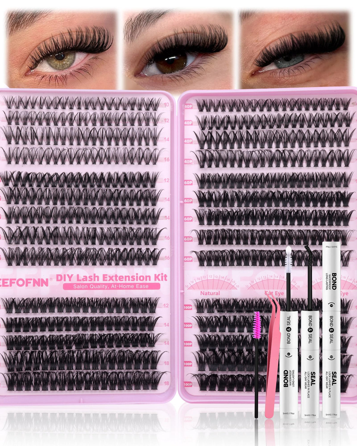 Eefofnn front packaging of complete lash cluster kit showing contents and benefits