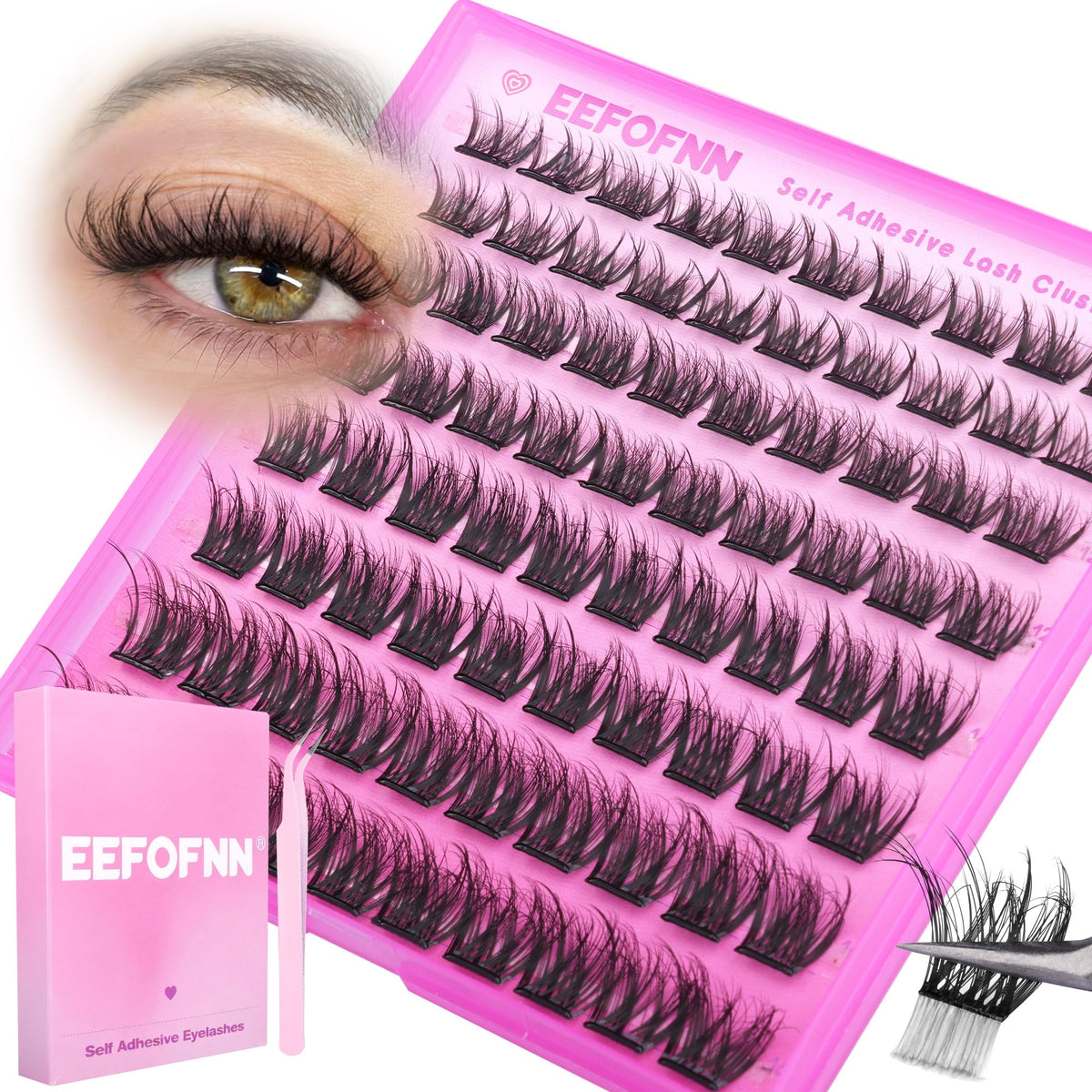 Eefofnn front packaging showing pre-glued press-on lashes and included tweezers for convenience