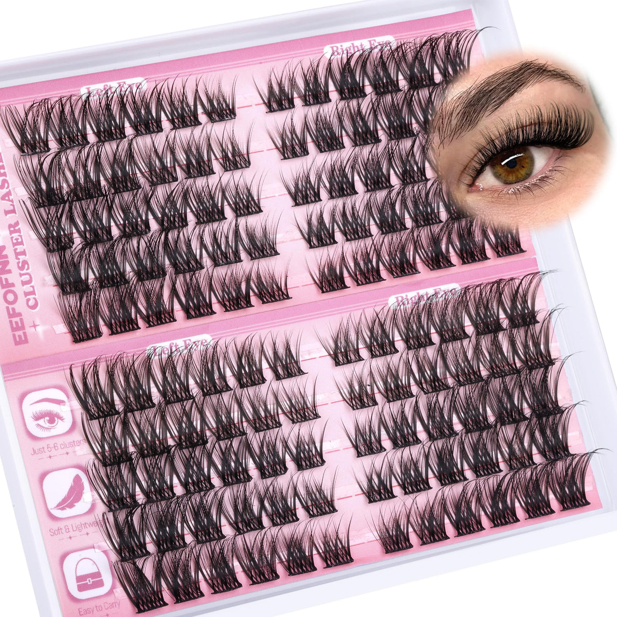 Eefofnn front packaging showing cluster lashes and included lengths for quick selection