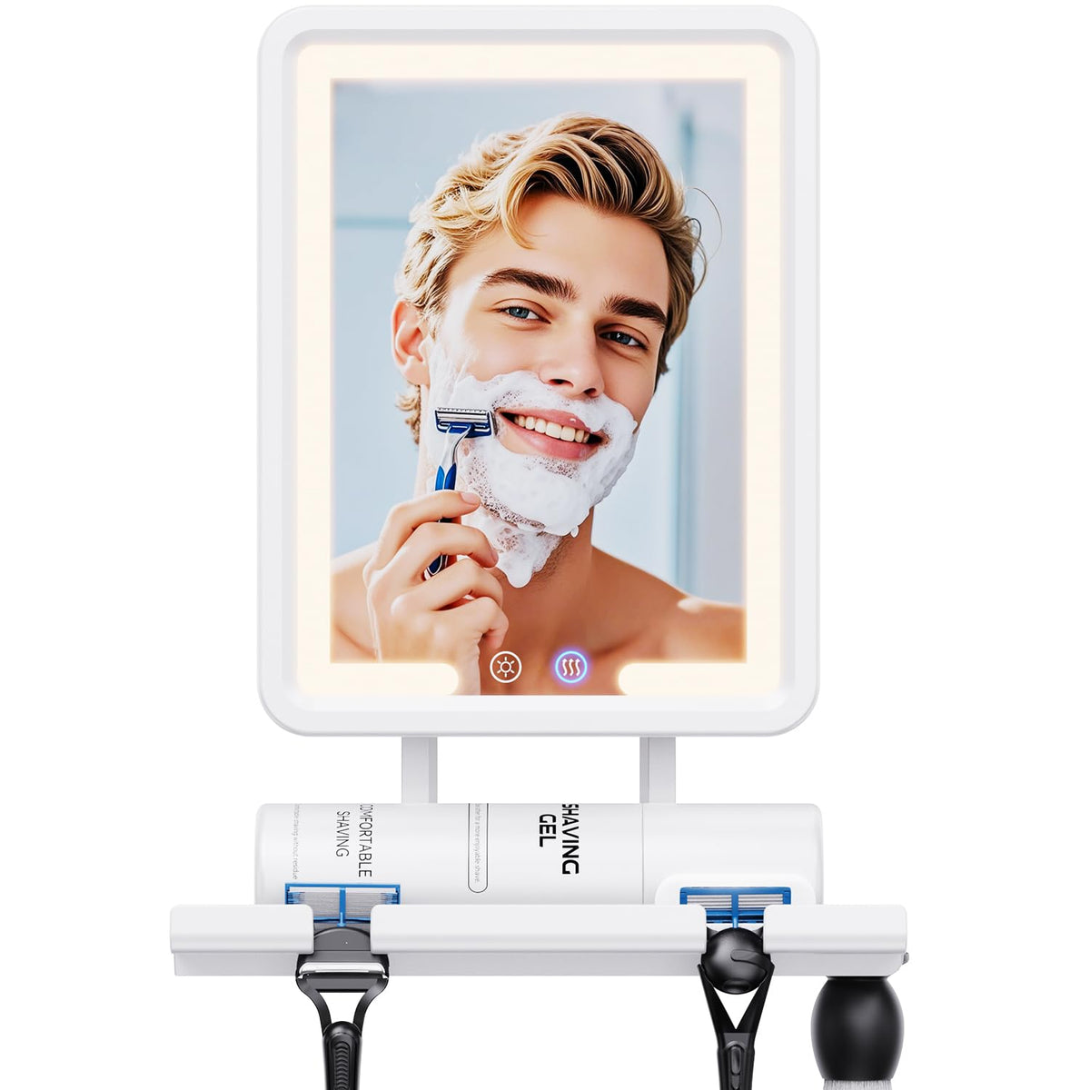 eeuuty front view heated mirror showing clear reflection and built-in lights benefit clear grooming