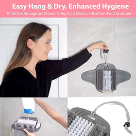 Efforest in-shower use with foot on scrubber providing hands-free cleaning