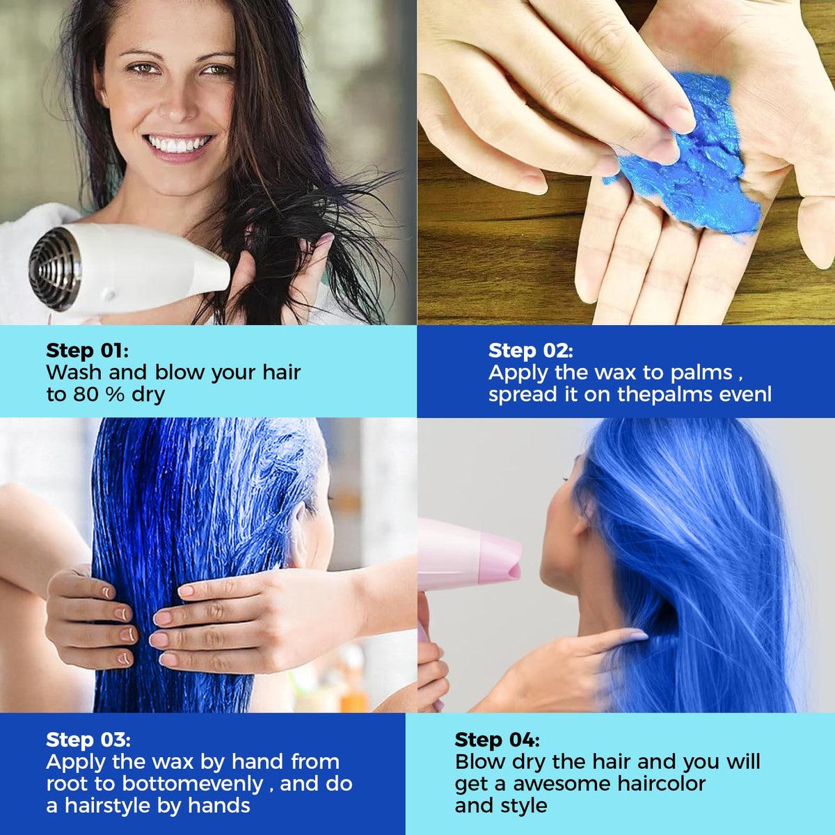 EFLY rinsing hair to show easy shampoo washout of temporary blue color