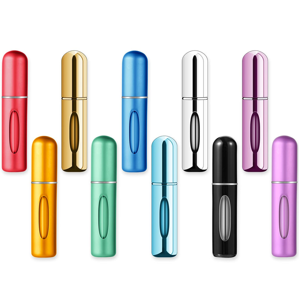 Egashow front pack showing ten colorful atomizers and compact travel convenience