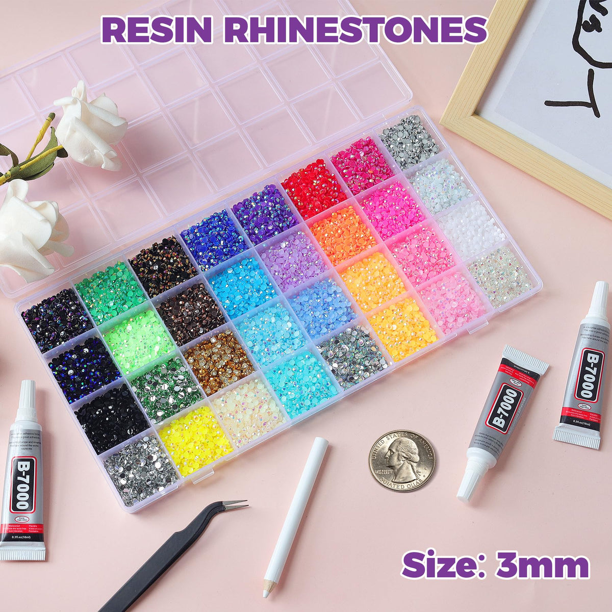 EGKamh 32-color grid of 3mm rhinestones displaying variety and easy selection